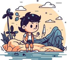 linda pequeño chico en el playa en dibujos animados estilo vector