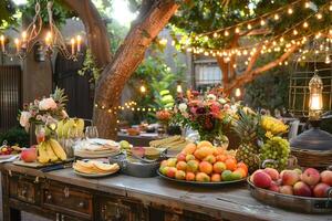 Summer Soiree Festive decorations, twinkling lights, and tables adorned with fresh fruits and flowers, setting the scene for a delightful outdoor gathering under the summer star photo