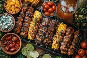 table with summer food such corn on the cob, grilled meat, hot dogs, veggie skewers, plates of ripe and colorful fruits or vegetables, photo