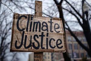 Climate Justice text on a banner outside the parliament photo