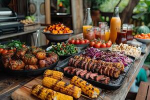 table with summer food such corn on the cob, grilled meat, hot dogs, veggie skewers, plates of ripe and colorful fruits or vegetables, photo