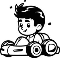 Cute cartoon boy driving a race car in a flat style. vector