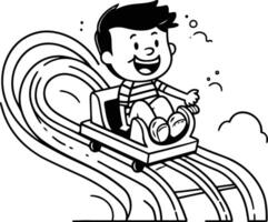 Cartoon happy boy sliding on a snow slide. vector