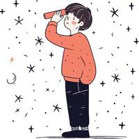 chico mirando mediante telescopio. mano dibujado ilustración en dibujos animados estilo. vector