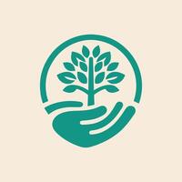 Human hands and tree with green leaves. Logo, symbol, icon, illustration, vector