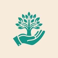 Human hands and tree with green leaves. Logo, symbol, icon, illustration, vector