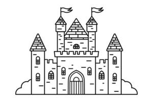 Line art illustration of medieval castle with towers and flags, black and white coloring page, fairy tale architecture concept. vector