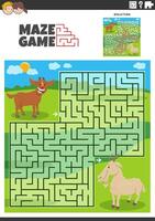 laberinto juego con dibujos animados cabra y niño granja animales vector