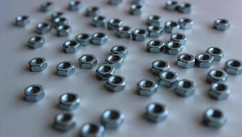 Closeup Image Of A Group Of Nuts Of The Same Diameter On White Surface Angle View. Hardware Background Stock Photo