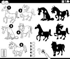 finding shadows activity with cartoon horses coloring page vector