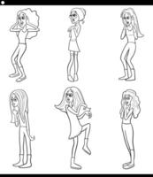 cartoon surprised young women set coloring page vector