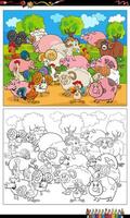 cartoon farm animal characters group coloring page vector