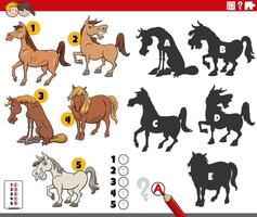 finding shadows activity with cartoon horses characters vector
