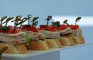 Side view of ham starters on white plate close up photo