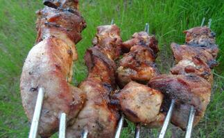 Barbecued meat shashlik on metal skewers detailed stock photo