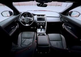 Upper view on the premium car interior with alcantara and leather upholstery photo