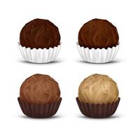 Round chocolate candy in corrugated paper wrapper, isolated on white background. 3d realistic set of dark, milk and white sweets in the package. Delicious dessert with different tastes. vector