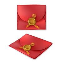 Realistic golden wax seal with ribbon on red vintage envelope, isolated on white background. Blank closed paper cover, letter package, antique message, document, postcard with stamp. 3d mockup. vector