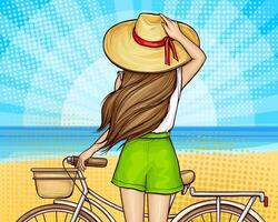Pop art summer girl in shorts and straw hat standing backwards with bicycle, illustration on halftone background with sea and beach. Young woman near bicycle with basket, back view. vector