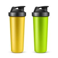 realistic 3d green and yellow empty drink shaker for sports nutrition, whey protein or gainer. Plastic sport bottle, mixer or beverage container isolated on white background. Accessory for gym. vector