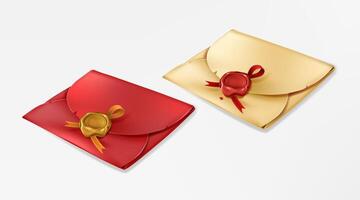 Golden and red vintage envelopes with wax seals. Closed blank with round stamp with ribbon. Paper cover, antique message, letter package, document or postcard. Realistic 3d mockup. vector