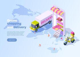 Online shopping and delivery isometric landing page. Logistic order delivery service web banner with smartphone with mobile app for payment, parcel box, truck and motorcycle on blue background. vector