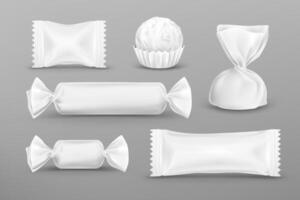 White polyethylene package for candies, chocolate, lollipops, truffle, food snacks and pouch sweets production. mockup set of candy wrappers for brand ad design isolated on grey background. vector