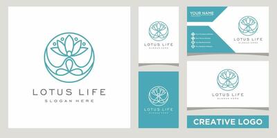 Yoga with lotus flower, beauty or spa logo design template with business card design vector