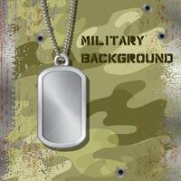 Military id tag hanging on a chain isolated on jammed camouflage background with bullet holes. Blank metal army medallion. Silver empty soldier badge for personal information of a military man. vector