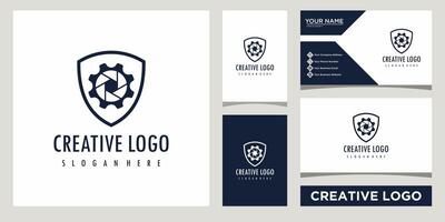 camera shutter with shield logo design template with business card design vector