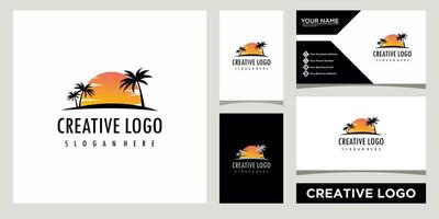 tropical island with palm trees logo design template with business card design vector