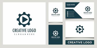 gear engineering with Play button icon logo design template with business card design vector