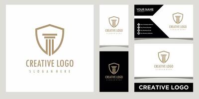 pillar with shield law firm icon logo design template with business card design vector