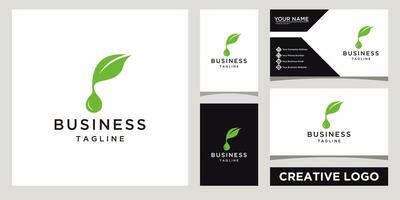 leaf with water drop logo design template with business card design vector