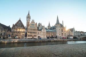 Ghent promenade called the Graslei and the charming historic houses at sunrise. The centre of the Belgian city. Flanders photo