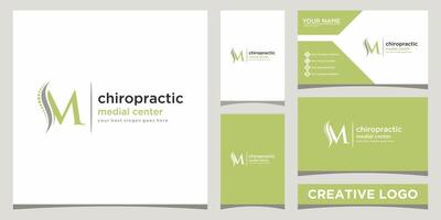 initial M chiropractic logo design template with business card design Premium vector