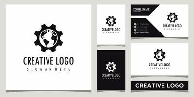 gear and world logo design template with business card design vector