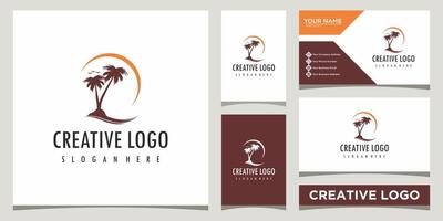 tropical island with palm trees logo design template with business card design vector