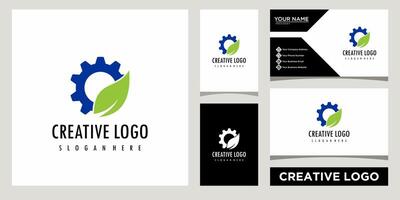 leaf and gear logo design template with business card design vector