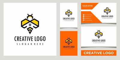hexagon bee real estate logo design template with business card design vector