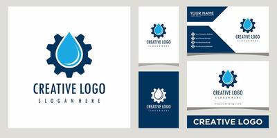 water and gear icon logo template with business card design vector