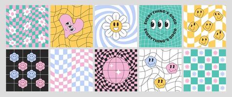 Checkerboard set with distorted grid tile. Geometric square backgrounds in psychedelic y2k style. Checkered seamless pattern, retro chessboard with hippie flowers, groovy daisy, heart and smile faces. vector