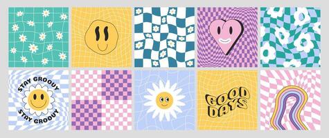 Checkerboards with distorted grid tile. Checkered seamless y2k pattern with optical illusion effect. Square backgrounds with rainbow, funny daisy flower, groovy heart, smile face in psychedelic style. vector