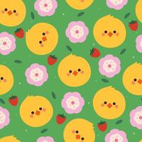 seamless pattern cute chick with flower and strawberry. cute animal wallpaper for textile, gift wrap paper vector