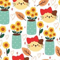 seamless pattern cartoon cat and flower. cute animal wallpaper for textile, gift wrap paper vector