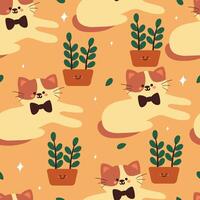 seamless pattern cartoon cat and flower. cute animal wallpaper for textile, gift wrap paper vector