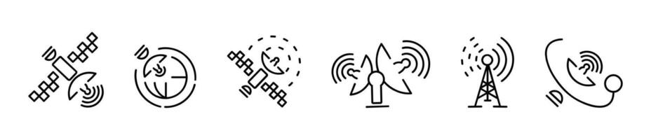 Wireless satellite technology icon set. Containing telecom, antenna or signal receiving tower vector