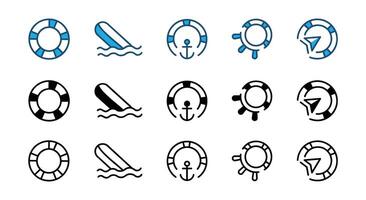 Life buoy thin line icon with steering wheel, anchor, compass, wave, and wind rose for help, support, service. vector