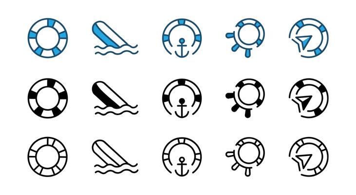 Life buoy thin line icon with steering wheel, anchor, compass, wave, and wind rose for help, support, service.