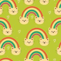 sin costura modelo dibujos animados gato con arco iris y cielo elemento. linda animal fondo de pantalla ilustración para regalo envolver papel vector